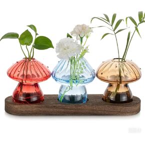 Glass Propagation Station for Plant: Mushroom Planter with Wooden Stand for Home Office Decor - Unique Propagation Jars for Plant Lovers - Set of 5 Hydroponic Mushroom Vases Gift for Mom