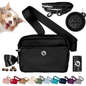 Puppington 3-in-1 Crossbody Dog Treat Pouch for Pet Training - Compostable Poop Bags, Built-In Poop Bag Dispenser, Slow-Feeding Travel Dog Bowl & Reflective Leash - Dog Walking Bag (Onyx Black)