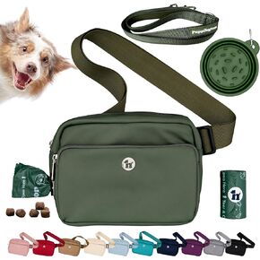 Puppington 3-in-1 Crossbody Dog Treat Pouch for Pet Training - Compostable Poop Bags, Built-In Poop Bag Dispenser, Slow-Feeding Travel Dog Bowl & Reflective Leash - Dog Walking Bag (Basil Green)