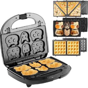 3-in-1 Sandwich,Waffle & Cute Animal Pancake Maker,Multifunctional Breakfast Machine Set with Removable Panel Non-Stick Plates for Grilled Cheese,Tuna Melts,Burgers,Steaks and Snacks,Home,Commercial