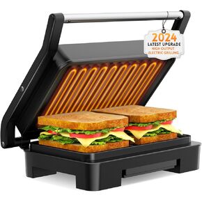 Panini Press Sandwich Maker, Electric Indoor Grill and Panini maker with Non-Stick Coated Plates, Grid Surface for Egg, Ham, Steaks Compact Electric Grill (silvery)