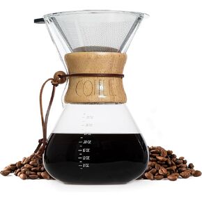 Rae Dunn Glass Pour Over Coffee Maker, 34oz Carafe with Reusable Stainless-Steel Filter and Elegant Bamboo Finish, Great for Brewing Coffee