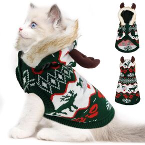 OTOB Cat Christmas Sweater with Cute Moose Hat, Winter Soft Kitten Cat Sweater Hoodie with Leash Hole, New Year Xmas Holiday Ugly Christmas Pet Sweater for Tiny Small Dogs Puppy Boys Girls, Green XS