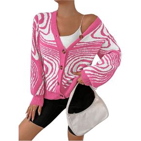 MakeMeChic Women's Zebra Striped Button Front V Neck Long Sleeve Knit Cardigan Sweater