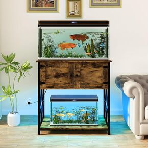 20-29 Gallon Fish Tank Stand with Power Outlets & LED Light, Cabinet for Aquarium Stand Accessories Storage, Metal Fish Tank for Turtle Tank, 30.7" L*15.7" W Tabletop, 330LBS Capacity, Brown