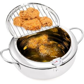 Yopay Deep Fryer Pot 304 Stainless Steel, 3.2L Frying Chicken Pot with Thermometer Control and Lid, Japanese Style Tempura Fryer Pot