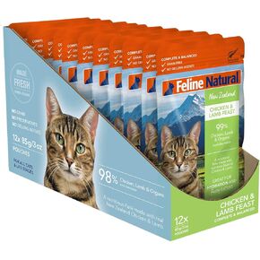 Feline Natural Wet Cat Food Pate, Hoki & Beef Feast, 3 Oz Single Serve Pouch (Pack of 12), Grain Free, Made in New Zealand with Grass-Fed and Finished Beef and Sustainably Caught Hoki Fish