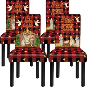 Christmas Dining Chair Covers Red Buffalo Plaid Stretch Removable Washable Slipcover Chair Protector Holy Night Jesus Dining Room Chair Back Covers for Christmas Dining Room Kitchen Party Decor, 4 Pcs