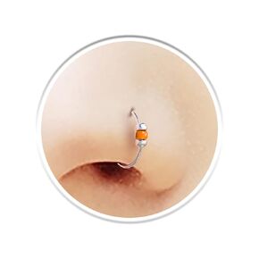 Silver Fake Nose Ring With Tiny Orange Bead - 24 Gauge Faux Nose Hoop No Piercing Needed - Clip on Nose Jewelry