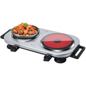Davivy Double Hot Plate Electric Ceramic plate,1800W Infrared Cooktop 6.5inches+7.5inches 2 Burners for ALL Cookwares for Home/RV/Camp(silver,600W+1200W) (Double-Handle)