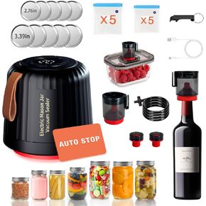 Mason Jar Vacuum Sealer, 4 in 1 Electric Mason Jar Vacuum Sealer Kit Black Jar Sealer Vacuum Sealing Machine for Food Storage Vacuum Bag Box Wine Bottle Wide Mouth and Regular Mouth Mason Jars