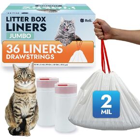 Reli. Cat Litter Box Liners (36 Count), Jumbo | Drawstring Litter Box Liner | Heavy Duty for Cat Pan, Pet Waste | Kitty Poop Bags, Drawstring Handles (White)
