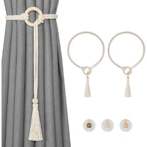 NICEEC 4 Pack Natural Cotton Rope Curtain Tiebacks Boho Style Decorative Drape Tie Backs Elegant Hand Woven Rope Curtain Holdbacks with Wooden Ring for Home & Office Window Drapery (T-Natural)