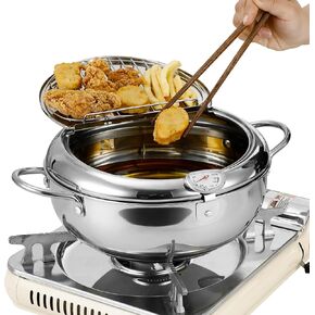 Deep Fryer Pot, 9.4 Inch/3.4L Janpanese Tempura Frying with Lid, Stainless Steel thermometer deepfryer with Temperature Control and Oil Drip Drainer Rack, Kitchen French Fries maker