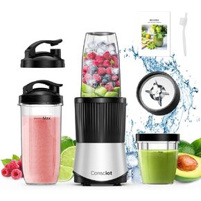 Consciot CB08 11-Piece Blender for Kitchen and Personal Size, Blend Shakes and Smoothies, Frozen Drinks, Baby Food, Spreads & More, 3 Portable To-Go Cups & 2 Spout Lids & 1 Solid Lid, 900 Peak Watts