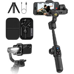 S2 Pro Smartphone Gimbal Stabilizer w/Wireless Lavalier Microphone, Built-in 18cm Extension Rod & Fill Light, Professional 3-Axis Gimbal for iPhone & Android for Video Recording