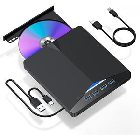 ULANSeN 7 in 1 External DVD Drive，USB 3.0 & Type-C CD/DVD Drive with USB-A HUB+SD/TF Card Reader, Portable CD/DVD +/-RW Disk Drive, CD/DVD Burner CD ROM Drive for PC Windows 7/8/10/XP Mac Linux
