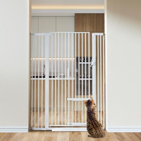 COMOMY 55.1" Extra Tall Pet Gate for Cats, 29.5-40.6" Extra Wide Cat Gate with Adjustable Cat Door, Pressure Mounted Easy Walk Through Pet Gate with Door for Stairs, Doorways, Kitchen(White) in Saudi Arabia