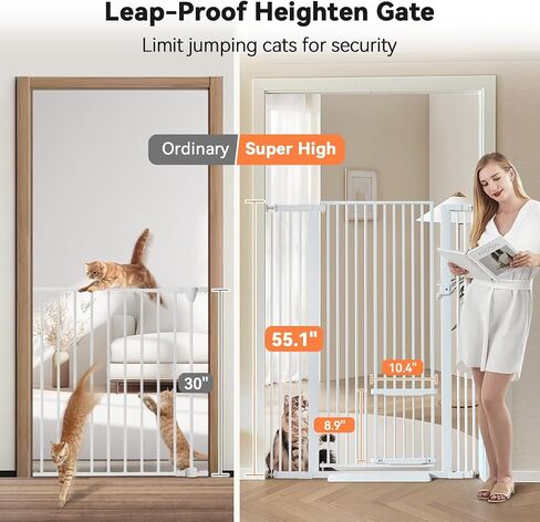 COMOMY 55.1" Extra Tall Pet Gate for Cats, 29.5-40.6" Extra Wide Cat Gate with Adjustable Cat Door, Pressure Mounted Easy Walk Through Pet Gate with Door for Stairs, Doorways, Kitchen(White) in Saudi Arabia