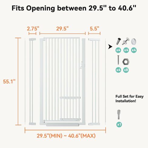 COMOMY 55.1" Extra Tall Pet Gate for Cats, 29.5-40.6" Extra Wide Cat Gate with Adjustable Cat Door, Pressure Mounted Easy Walk Through Pet Gate with Door for Stairs, Doorways, Kitchen(White) in Saudi Arabia