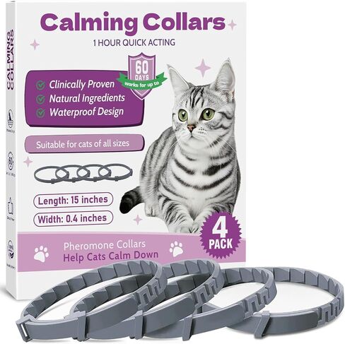 Calming Collar for Cats -4 Pack Soother Cats Calming Collars Anxiety Relief Stress Drug-Free & Lavender-Free -Adjustable for Small, Medium Large Cat -Natural Ingredients Pheromones Rapid Effect Grey in Saudi Arabia