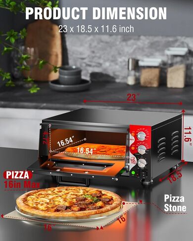 PYY Electric Pizza Oven with Pizza Stone for Restaurant Home, 16 Inch Countertop Pizza Oven with 60-min Ring Timer, Commercial Pizza Oven with 2 Large Heat Tube, 120V/1600W, ETL listed in Saudi Arabia
