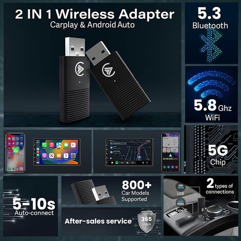 Wireless Carplay and Android Auto Adapter 2-in-1 | Quick Connection & Auto Reconnect | Bluetooth 5.3 & 5.8Ghz WiFi| High Performance | Easy to Use & Setup iOS & Android in Saudi Arabia