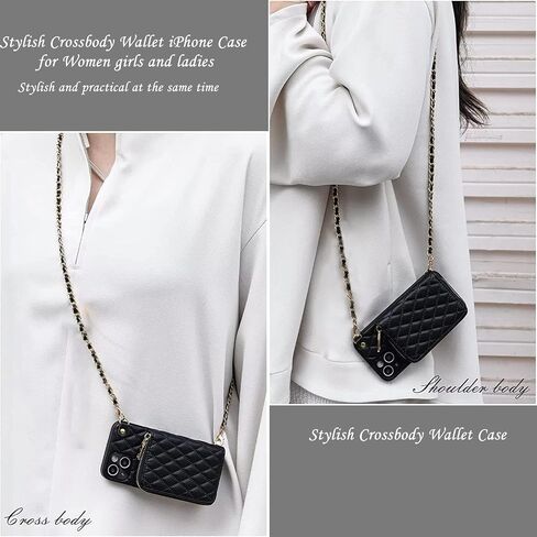 for iPhone 16 Pro Max Case Wallet for Women, Stylish Crossbody Wallet Case with Detachable Chain Strap&Card Slots Holder, Quilted PU Leather Kickstand Phone Cases for iPhone 16 Pro Max, 6.9" Black in Saudi Arabia