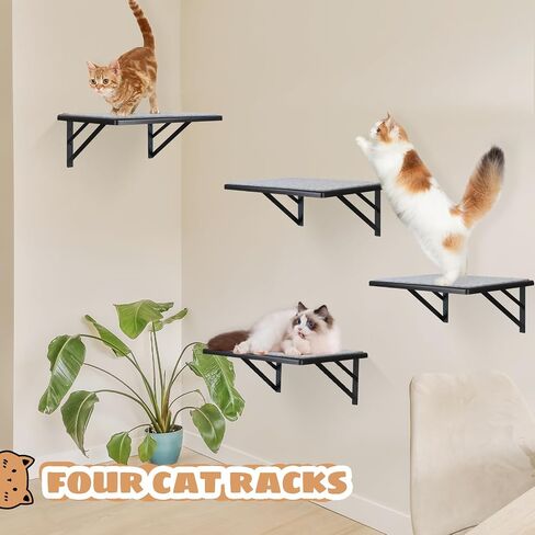 Cat Wall Shelves Set of 4, Wood Cat Shelves for Wall, Cat Wall Bed Hammock with Scratching Pad, Cat Climbing Shelf for Sleeping Playing, Cat Window Perch for Large Cats, Black Cat Furniture for Indoor in Saudi Arabia