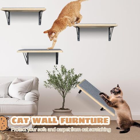 Cat Wall Shelves Set of 4, Wood Cat Shelves for Wall, Cat Wall Bed Hammock with Scratching Pad, Cat Climbing Shelf for Sleeping Playing, Cat Window Perch for Large Cats, Black Cat Furniture for Indoor in Saudi Arabia