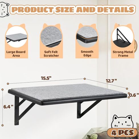 Cat Wall Shelves Set of 4, Wood Cat Shelves for Wall, Cat Wall Bed Hammock with Scratching Pad, Cat Climbing Shelf for Sleeping Playing, Cat Window Perch for Large Cats, Black Cat Furniture for Indoor in Saudi Arabia