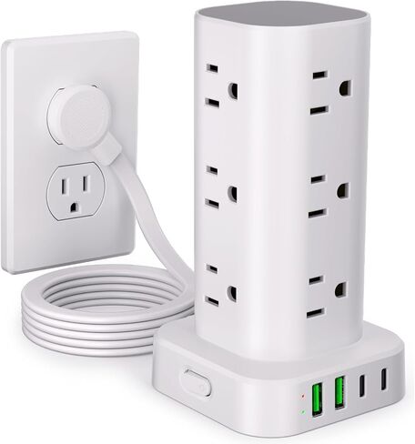 Power Strip Tower with Wireless Charger, Flat Plug Surge Protector Tower with 6FT Extension Cord, 12 AC Multiple Outlets, 4 USB (2 USB C),15W Wireless Charging Power Tower for Home Office Dorm, White in Saudi Arabia