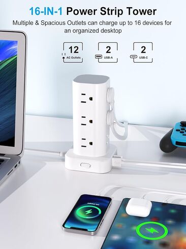 Power Strip Tower with Wireless Charger, Flat Plug Surge Protector Tower with 6FT Extension Cord, 12 AC Multiple Outlets, 4 USB (2 USB C),15W Wireless Charging Power Tower for Home Office Dorm, White in Saudi Arabia