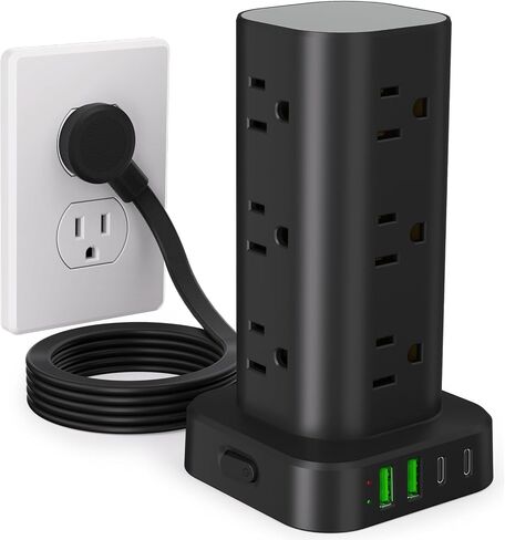 Power Strip Tower with Wireless Charger, Flat Plug Surge Protector Tower with 6FT Extension Cord, 12 AC Multiple Outlets, 4 USB (2 USB C),15W Wireless Charging Power Tower for Home Office Dorm, White in Saudi Arabia
