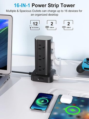 Power Strip Tower with Wireless Charger, Flat Plug Surge Protector Tower with 6FT Extension Cord, 12 AC Multiple Outlets, 4 USB (2 USB C),15W Wireless Charging Power Tower for Home Office Dorm, White in Saudi Arabia