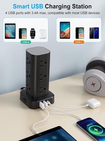 Power Strip Tower with Wireless Charger, Flat Plug Surge Protector Tower with 6FT Extension Cord, 12 AC Multiple Outlets, 4 USB (2 USB C),15W Wireless Charging Power Tower for Home Office Dorm, White in Saudi Arabia