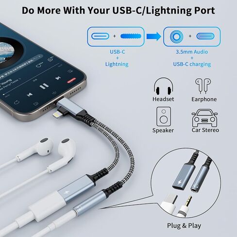 Lightning/USBC to 3.5mm AUX Audio and USBC Charger Splitter[MFi Certified] Lightning + USB C to 3.5mm Headphone Jack Adapter with PD 60W Fast Charging, iPhone Headphone Adapter for iPhone 16/15/14/13 in Saudi Arabia