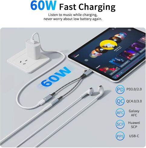 Lightning/USBC to 3.5mm AUX Audio and USBC Charger Splitter[MFi Certified] Lightning + USB C to 3.5mm Headphone Jack Adapter with PD 60W Fast Charging, iPhone Headphone Adapter for iPhone 16/15/14/13 in Saudi Arabia