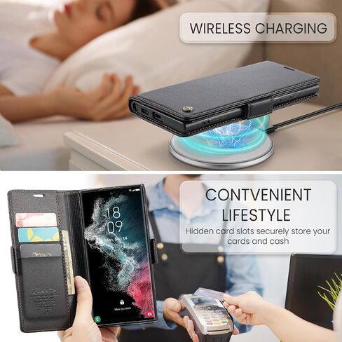 حافظة SINIANL لهاتف Samsung Galaxy S22 Ultra مع خاصية حجب RFID، حافظة لهاتف Galaxy S22 Ultra للرجال والنساء وحامل بطاقات بمشبك مغناطيسي ومسند جلدي لهاتف Galaxy S22 Ultra Black in Saudi Arabia