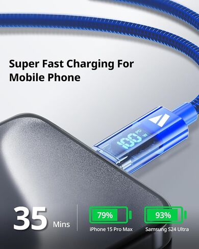 SUPERV Smart LED Nylon Braided Sync Charge USB C to USB C Data 3.3ft/100cm White Cable in Saudi Arabia