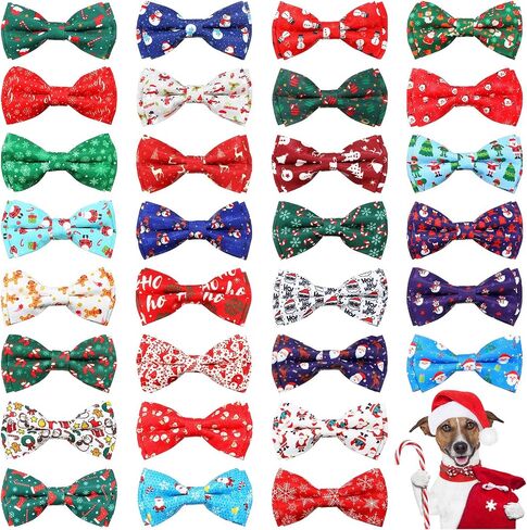 30 Pieces Christmas Dog Bow Ties Dog Collar Bow Ties Attachment with Elastic Bands Dog Collar Detachable Charms for Dogs Collar Grooming Accessories Day Costume Cosplay (Snowman Style) in Saudi Arabia