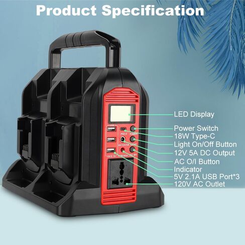 350W Power Inverter for Dewalt 20v Battery Power Supply Inverter DC 20V to AC 110~120V Battery Inverter with AC Output, 3*USB, Type-C Port, DC Output 12V/5A, LED Light（4 Channels） in Saudi Arabia