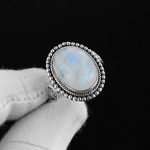 Solid 925 Sterling Silver Ring, Natural Rainbow Moonstone Gemstone Cabochon, Handmade Ring, Energy Stone, June Birthstone | Promise Victorian Minimalist Wedding Women Ring | Gifts (US - 7) in Saudi Arabia