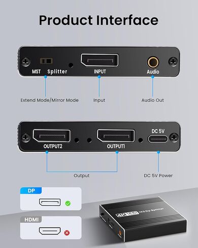 avedio يربط DisplayPort بمنفذ عرض مزدوج، محول منفذ عرض 4K@144 هرتز مع مستخرج الصوت، 4K@120 هرتز 60 هرتز DP Splitter 1 في 2 خارج يدعم المرآة/وضع التمديد (MST) للكمبيوتر المكتبي المحمول in Kuwait