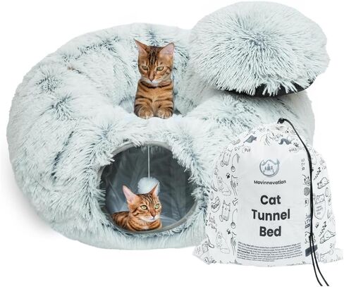 Large Cat Tunnel Bed for Indoor Cats Warm Fluffy Plush Cat Cave Tunnel Bed Collapsible, Washable, 3 Way and Multifunctional with Dangling Balls for Cats, Kittens and Rabbits- Gray in Saudi Arabia