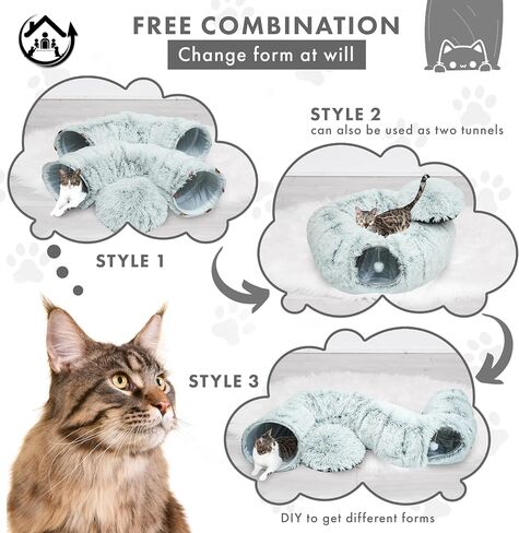 Large Cat Tunnel Bed for Indoor Cats Warm Fluffy Plush Cat Cave Tunnel Bed Collapsible, Washable, 3 Way and Multifunctional with Dangling Balls for Cats, Kittens and Rabbits- Gray in Saudi Arabia