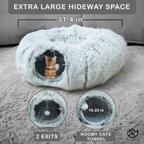 Large Cat Tunnel Bed for Indoor Cats Warm Fluffy Plush Cat Cave Tunnel Bed Collapsible, Washable, 3 Way and Multifunctional with Dangling Balls for Cats, Kittens and Rabbits- Gray in Saudi Arabia
