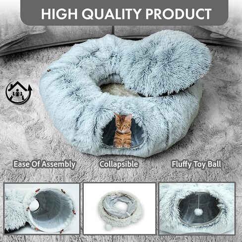 Large Cat Tunnel Bed for Indoor Cats Warm Fluffy Plush Cat Cave Tunnel Bed Collapsible, Washable, 3 Way and Multifunctional with Dangling Balls for Cats, Kittens and Rabbits- Gray in Saudi Arabia