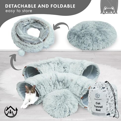 Large Cat Tunnel Bed for Indoor Cats Warm Fluffy Plush Cat Cave Tunnel Bed Collapsible, Washable, 3 Way and Multifunctional with Dangling Balls for Cats, Kittens and Rabbits- Gray in Saudi Arabia