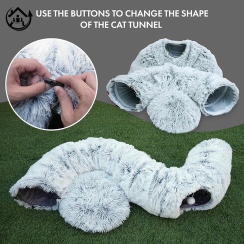 Large Cat Tunnel Bed for Indoor Cats Warm Fluffy Plush Cat Cave Tunnel Bed Collapsible, Washable, 3 Way and Multifunctional with Dangling Balls for Cats, Kittens and Rabbits- Gray in Saudi Arabia